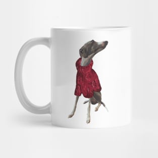 A handsome grey italian greyhound named Luca in a knitted red polo neck jumper jersey Mug